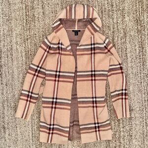 Tahari Women's Open Front Belted Long Fit Brown Plaid Sweater Hoodie Cardigan